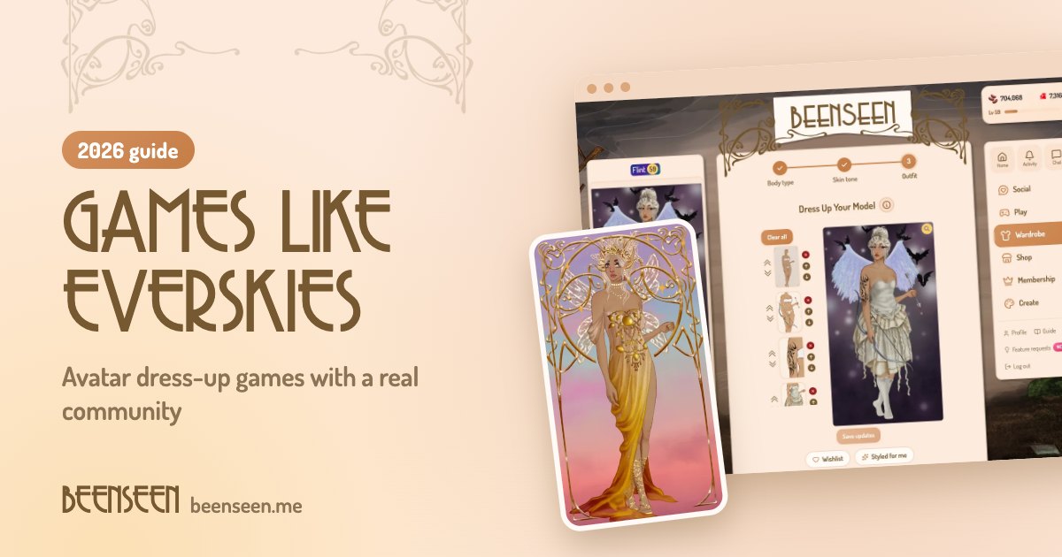 A BeenSeen model in a gold art-nouveau goddess gown next to a screenshot of the BeenSeen outfit editor