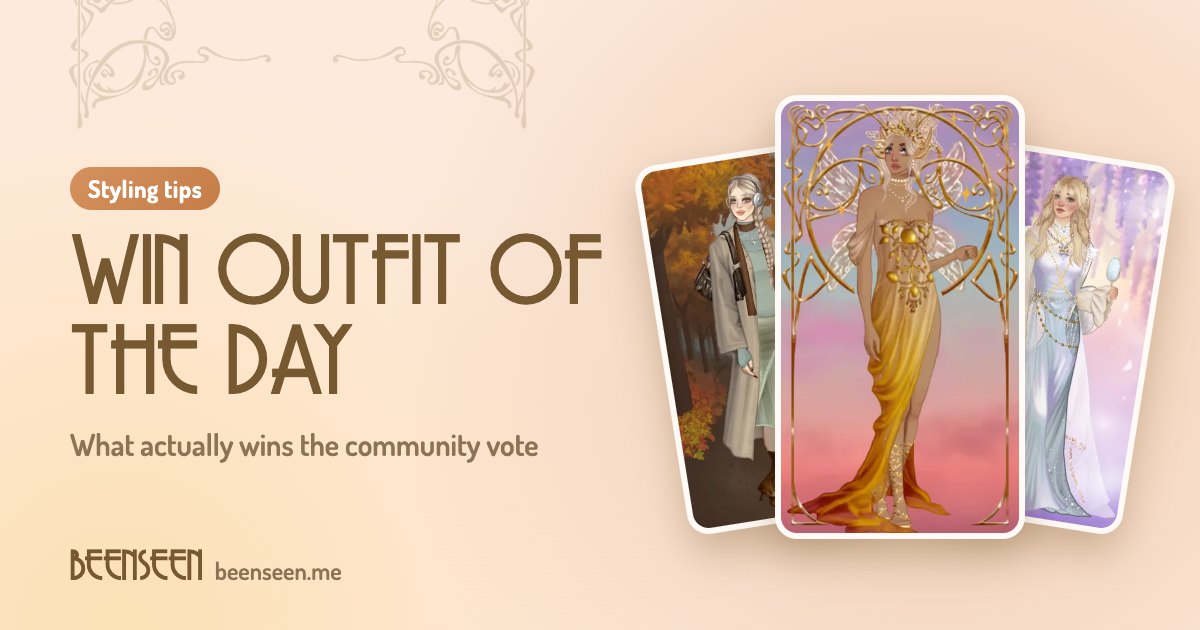 Three illustrated BeenSeen models in an autumn coat, a gold gown and a lilac fairy dress