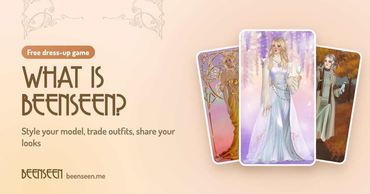 Three hand-drawn BeenSeen models: a gold goddess gown, a lilac fairy dress and an autumn coat outfit