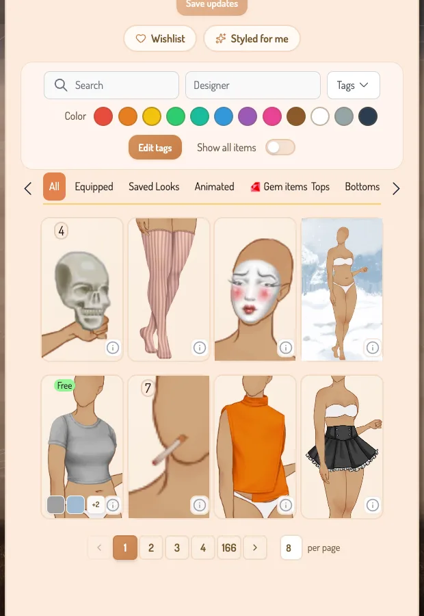 The BeenSeen wardrobe with search, designer filter, color filters and item thumbnails like a skull, striped stockings and an orange top