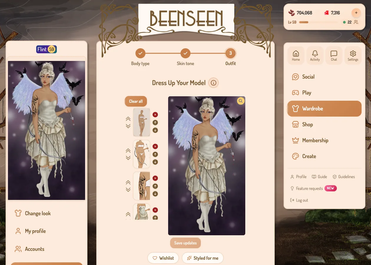 The BeenSeen outfit editor with layered clothing items on the left and the dressed model on the right