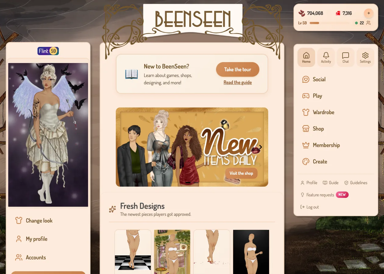 The BeenSeen home screen with a player model wearing a white ruffled dress, angel wings and bats