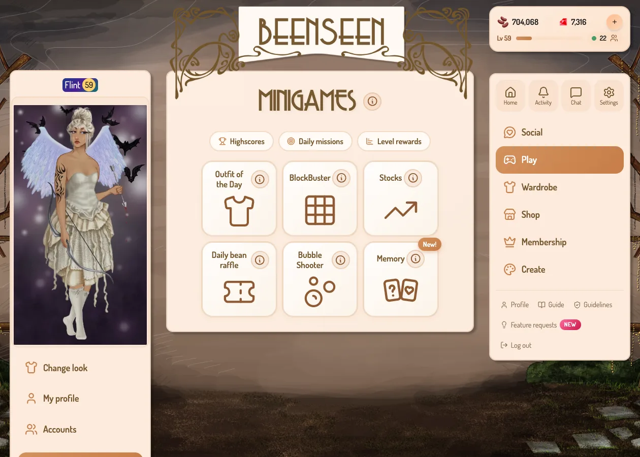 The BeenSeen minigames hub with Outfit of the Day, BlockBuster, Stocks, Daily bean raffle, Bubble Shooter and Memory