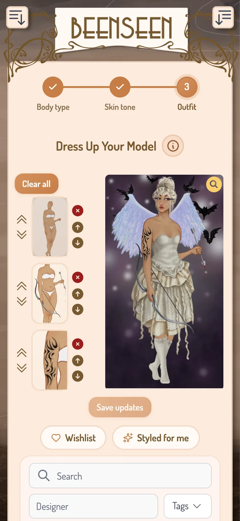 The BeenSeen outfit editor on a phone screen