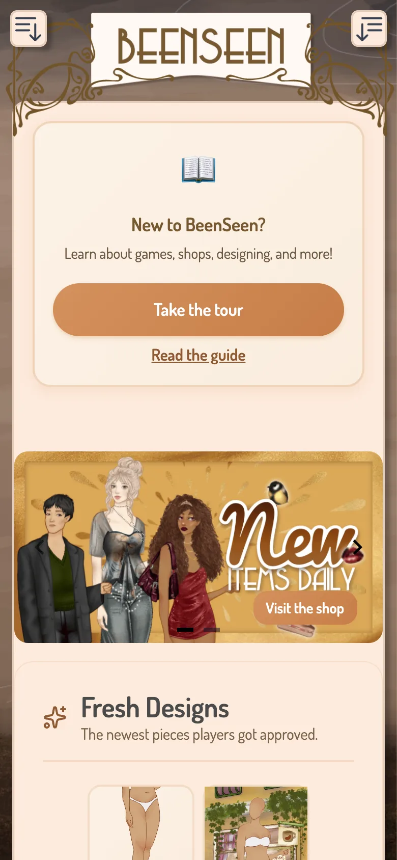 BeenSeen on a phone screen, showing the home page with the new items daily banner
