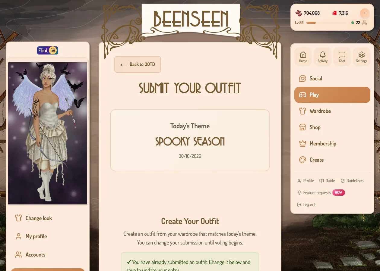 The BeenSeen Outfit of the Day submission page with the theme Spooky Season