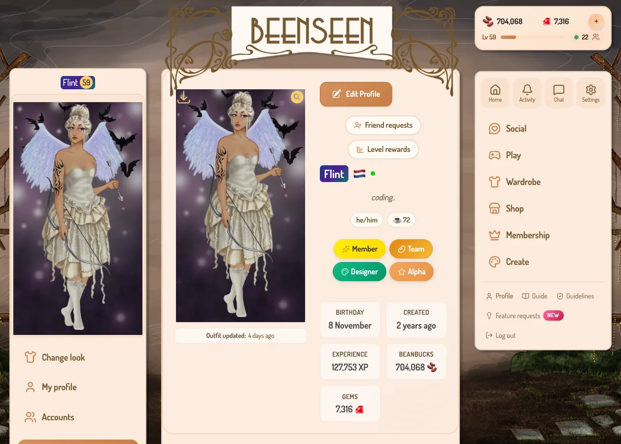 A BeenSeen player profile showing the model, badges, birthday, experience, BeanBucks and gems