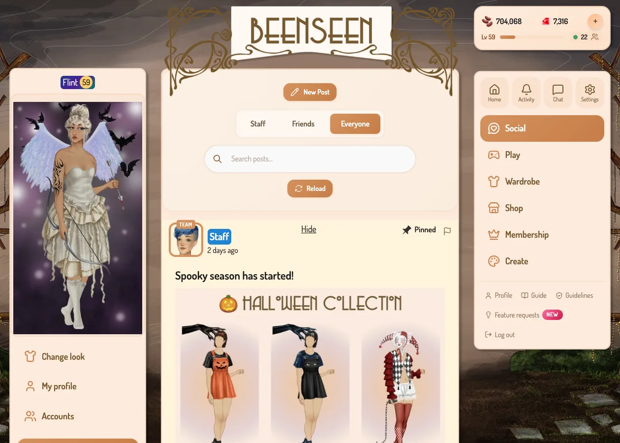 The BeenSeen social feed with a pinned staff post announcing the Halloween collection